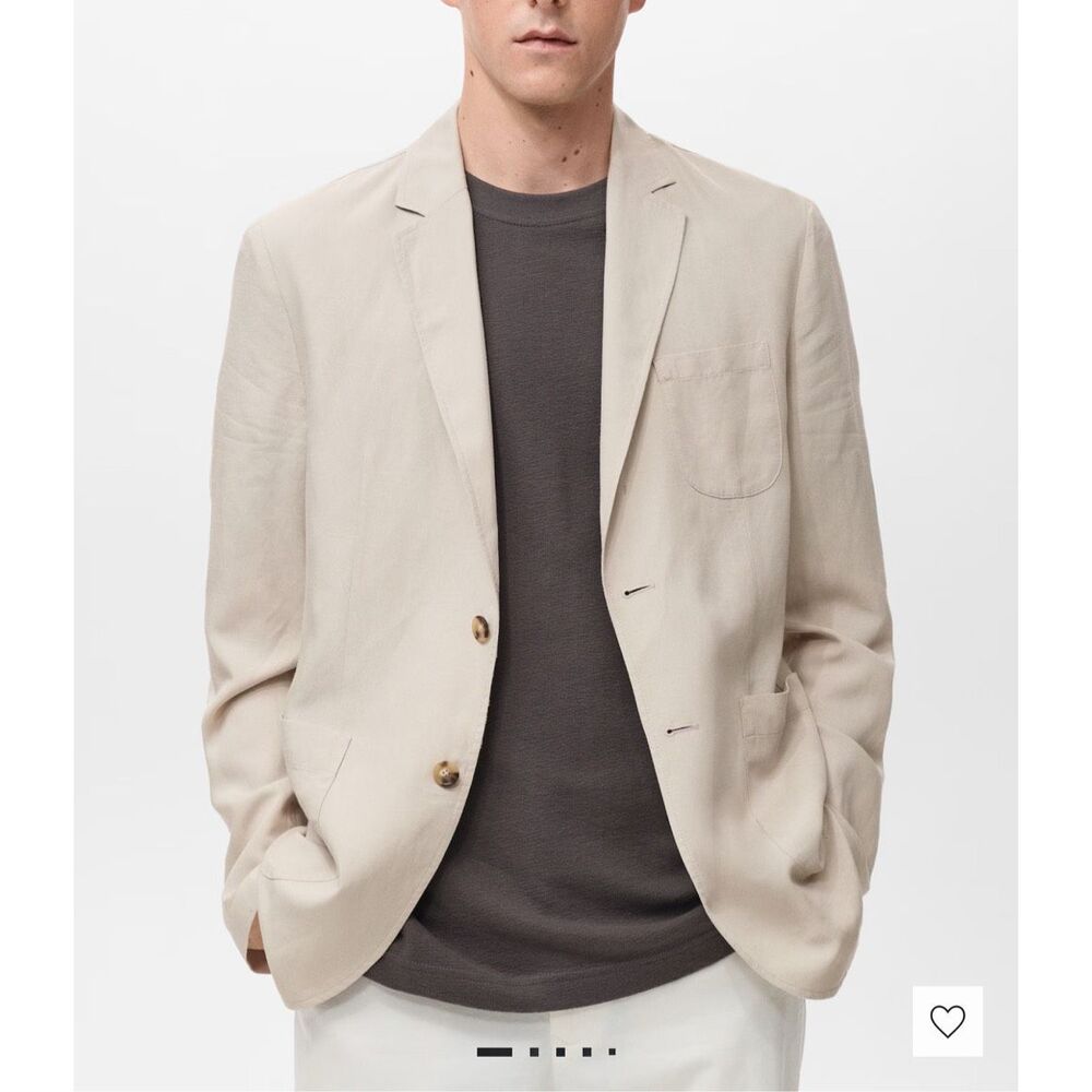 MNG by MANGO $250 Delave Smart Slim Fit Linen Lyocell Blazer Ecru Mens 46 NEW